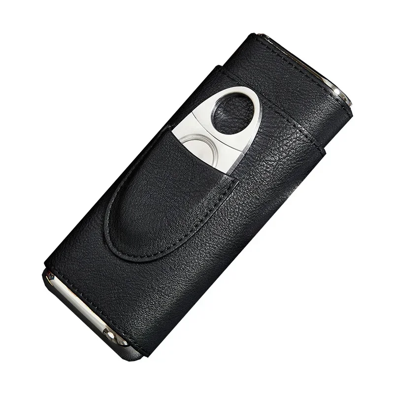 

Portable Leather Cigar Case Creative Humidor Storage Tube Gift Box Cigar Holder Fits 3 Tubes with Silver Cigar Cutter