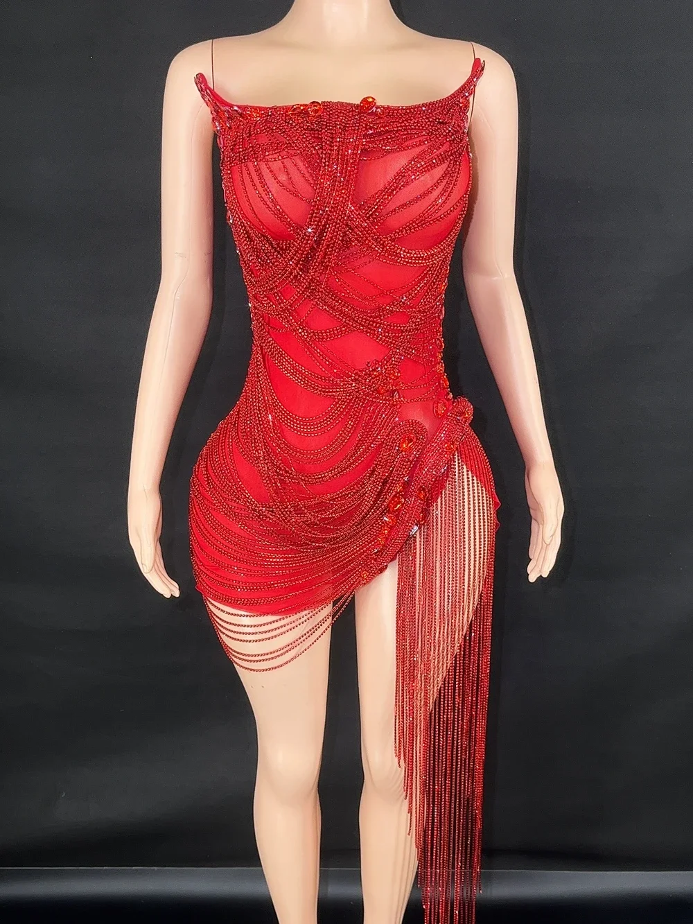 Evening Prom Dress Red Rhinestones Fringes Mesh See Through Short Dress Women Sexy Celebrate Birthday Wedding cloth