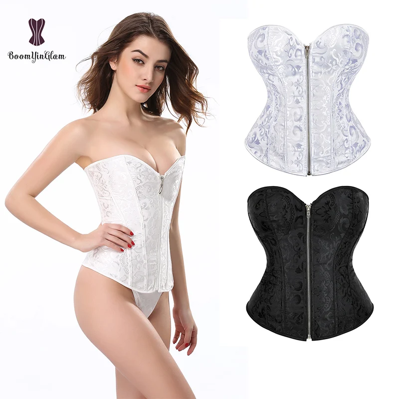 Plus Size XS-XXXL Zip Up Body Shapewear Lace Boned Korset Women Sexy Chest Binder Bustier Waist Trainer Corset With Zipper