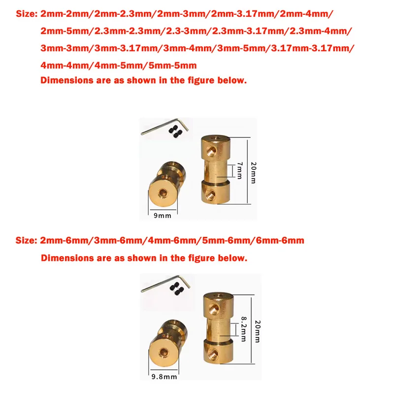 2pcs Brass Motor Shaft Coupling 2mm 2.3mm 3mm-6mm Copper Transmission Joint Connector Sleeve Adapter For RC Boat Car Airplane