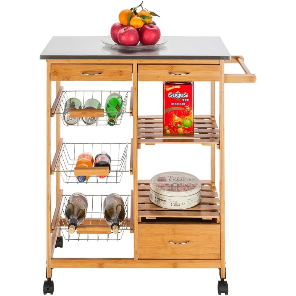 

Stainless Steel Tabletop Kitchen Island Trolley Rolling Bamboo Wood Kitchen Cart Storage Basket Organizer on Wheels Micro