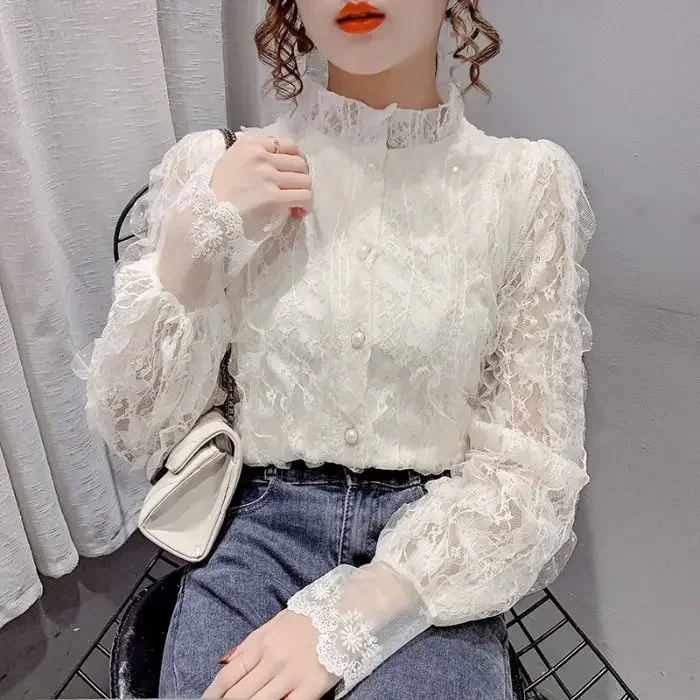 Blouse Women Shirt Lace Long Sleeve Women\'s Clothing Spring Lantern Sleeve Stand Collar Cardigan Top Blusas Mujer De Moda