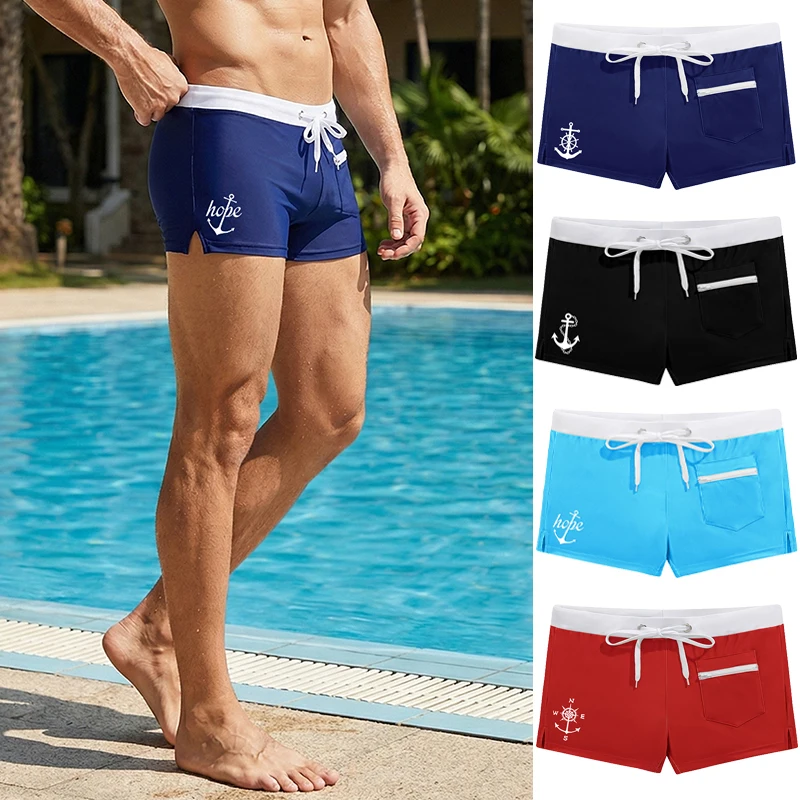 Men's Anchor Graphic Print Swim Trunks with Mesh Liner Zipper Pocket Summer Quick Dry Stretchy Swimming Shorts Swimsuit Swimwear