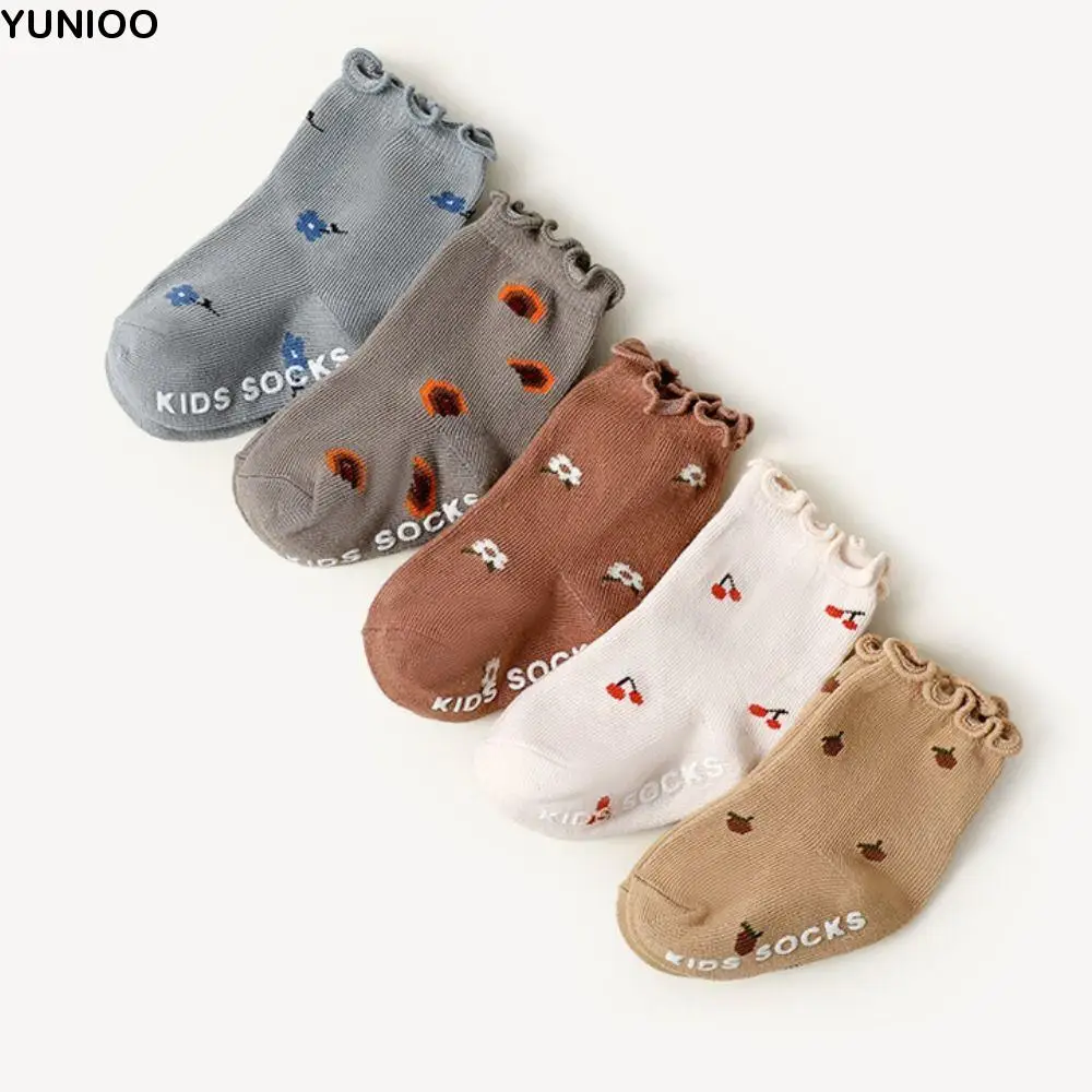 

5Pairs Fashion Flower Baby Cotton Socks Breathable Autumn Spring Toddle Short Tube Socks Cute Pleated Kids Cartoon Socks Newborn