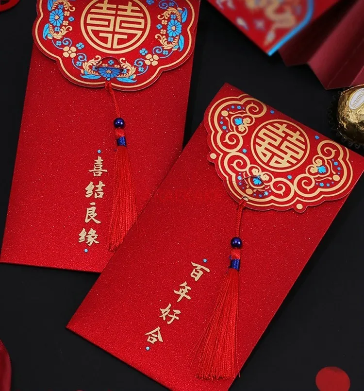 Enveloppe rouge de mariage chinois traditionnel, 2 pièces, avec pompon, paquets d'argent, cadeaux de bénédiction, fournitures de mariage exquises
