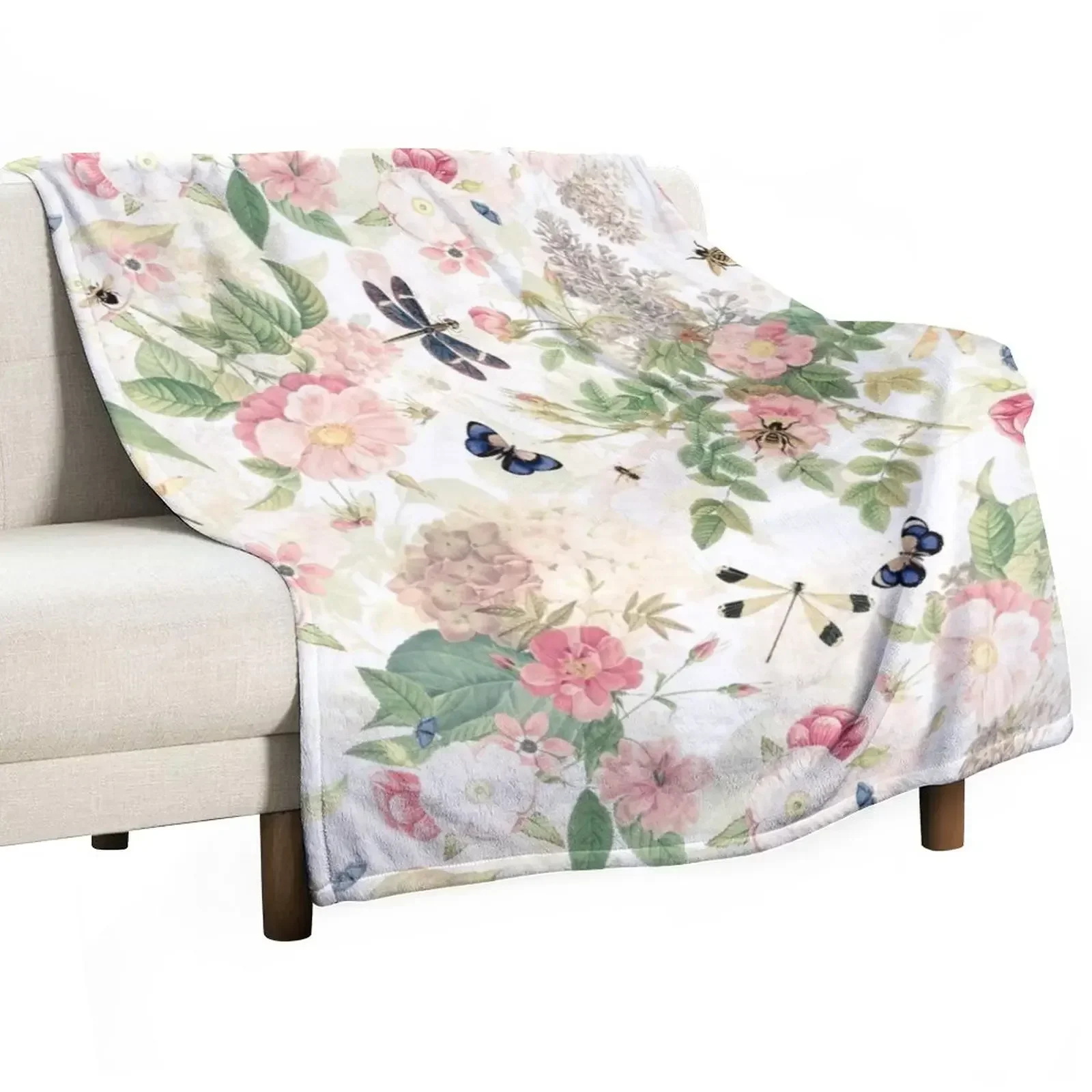 UtART - Vintage Roses Spring Flower And Early Insects Pattern - Sepia Blush Cream white Throw Blanket