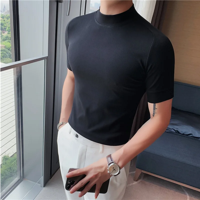 Autumn Men\'s Short Sleeve T-Shirt Solid Color Half Turtleneck Slim Fit Casual Bottoming Shirt High Quality Men Fleece Tee Shirt