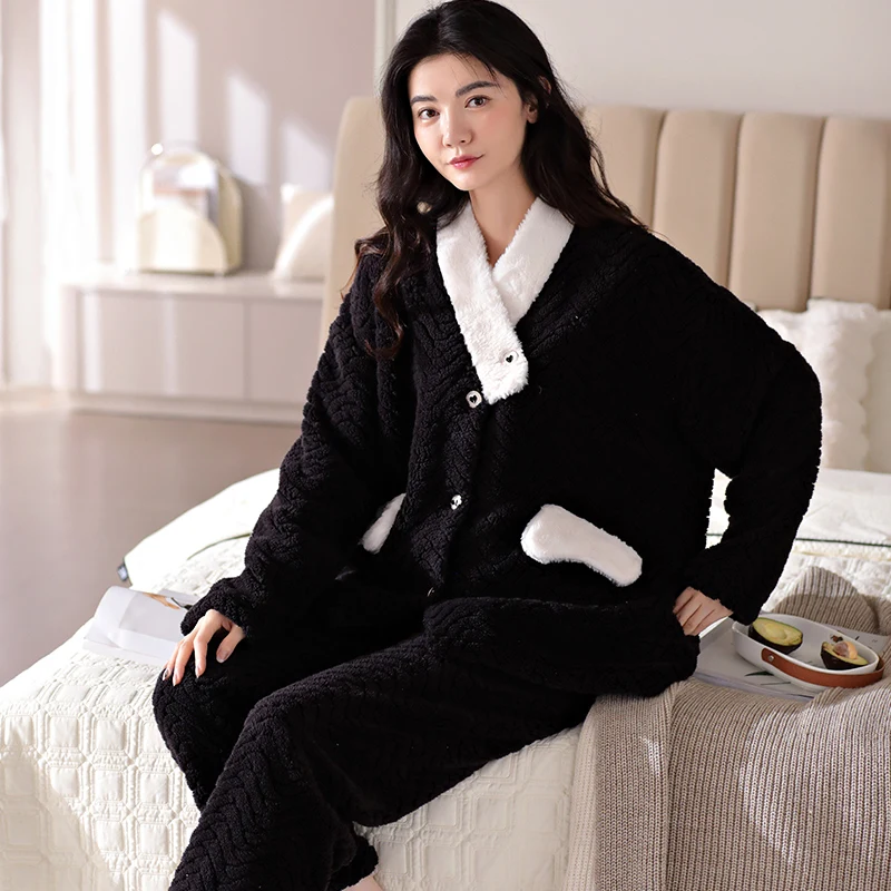 Winter Thick Warm Women Flannel Pajamas Set Solid V-Neck Long Sleeve Female Homewear