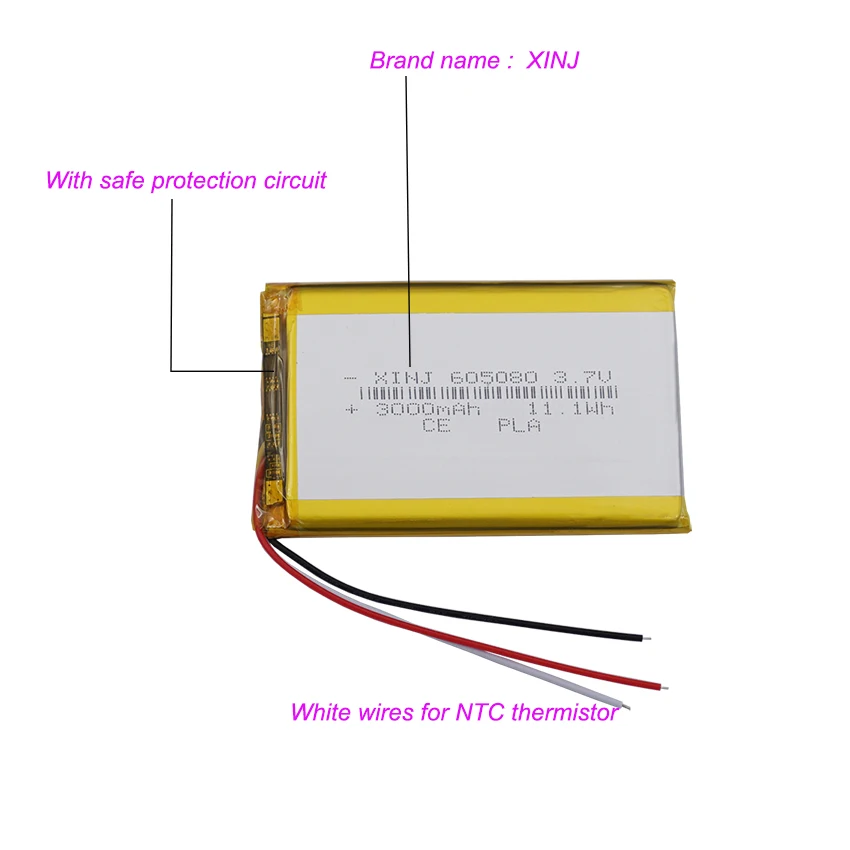 3.7V 3000mAh 11.1Wh NTC 3-przewodowy termistor Li Bateria litowa 605080   Lipo do kamery samochodowej GSP DashCam Głośnik Bluetooth e-book