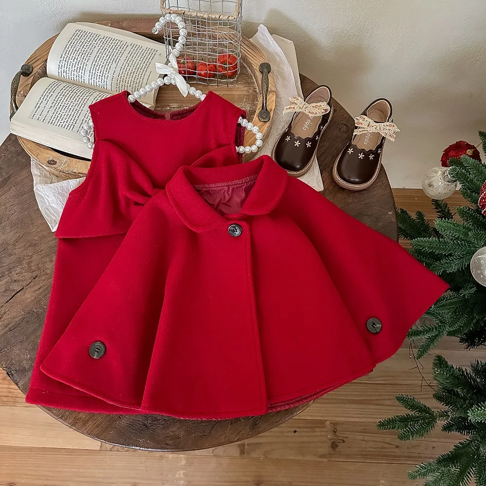 

Childrens Winter Girls New Years 2PCS Clothes Set Red Woolen Knotbow Sundress Thicken Warm Cloaks Coat Suit Kids Girls Outfit