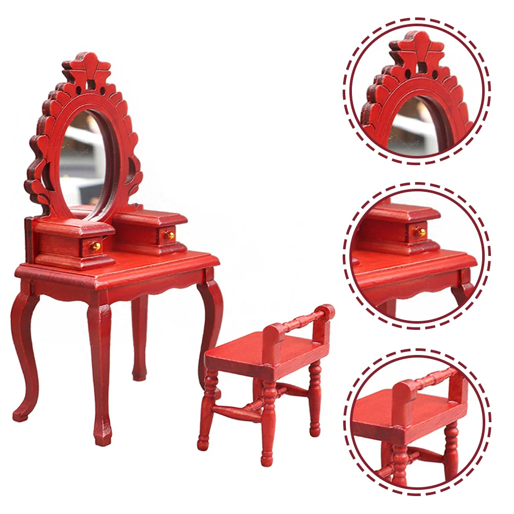 2 Pcs Vanity Table Vintage Dresser Stool Mini House Furniture Miniature and Accessories Baby Dressing Makeup Black Child