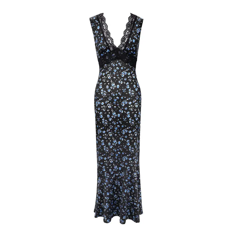 Vestidos femininos verão novo sexy renda com decote em v sem costas floral maxi vestido moda impressão rendas feminino casual vestidos finos roupas