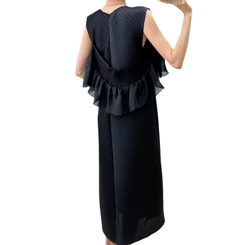 Ata Yake-Robe plissée noire à col en V, haut en fibre précieuse, fouet au design élégant et minimaliste, style français Hepburn