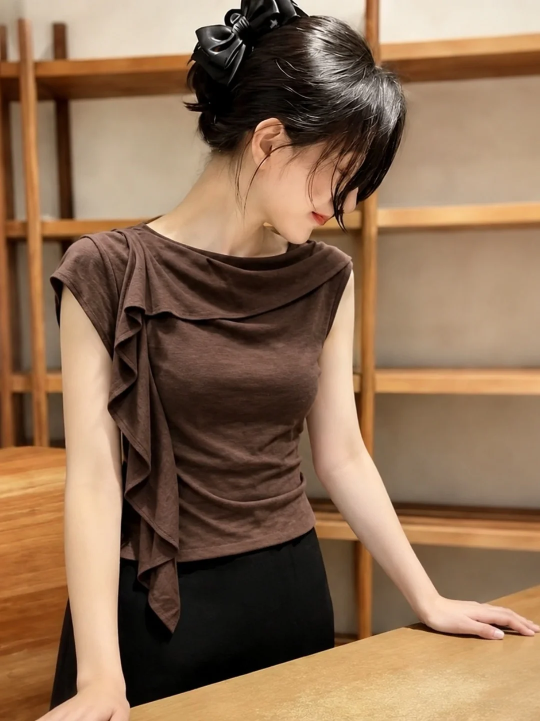 

Slim Fit Pure Color Summer Top Women's Fashionable Elegant Style Lace Trim Shirt Simple Design Casual Wear by HuaKaqi