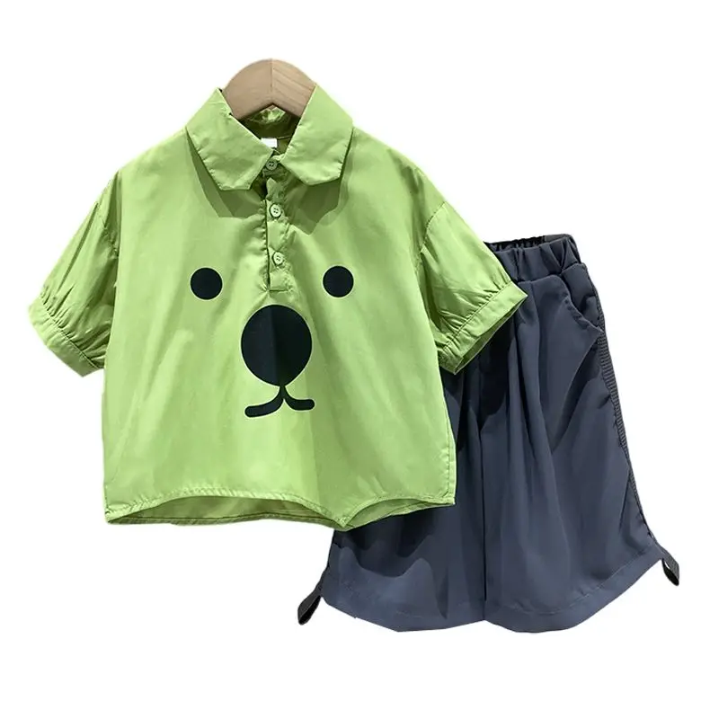 2-piece Kid Boy bear Pattern Short Sleeve T-shirt & Patchwork Shorts pant outfit 2 3 4 6 8 10 years