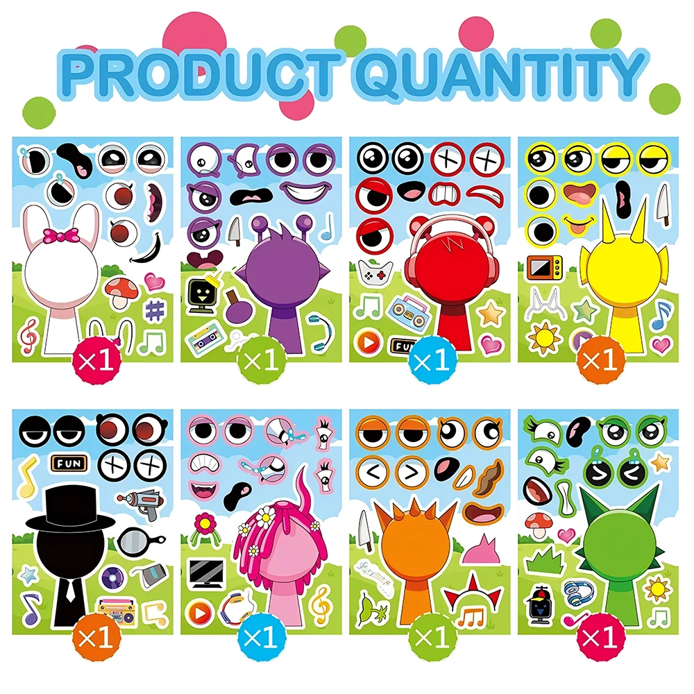 8/16sheets Fun Sprunki Make a Face Puzzle Stickers Make Your Own DIY Game Children Cartoon Jigsaw Education Toy Gift image 2
