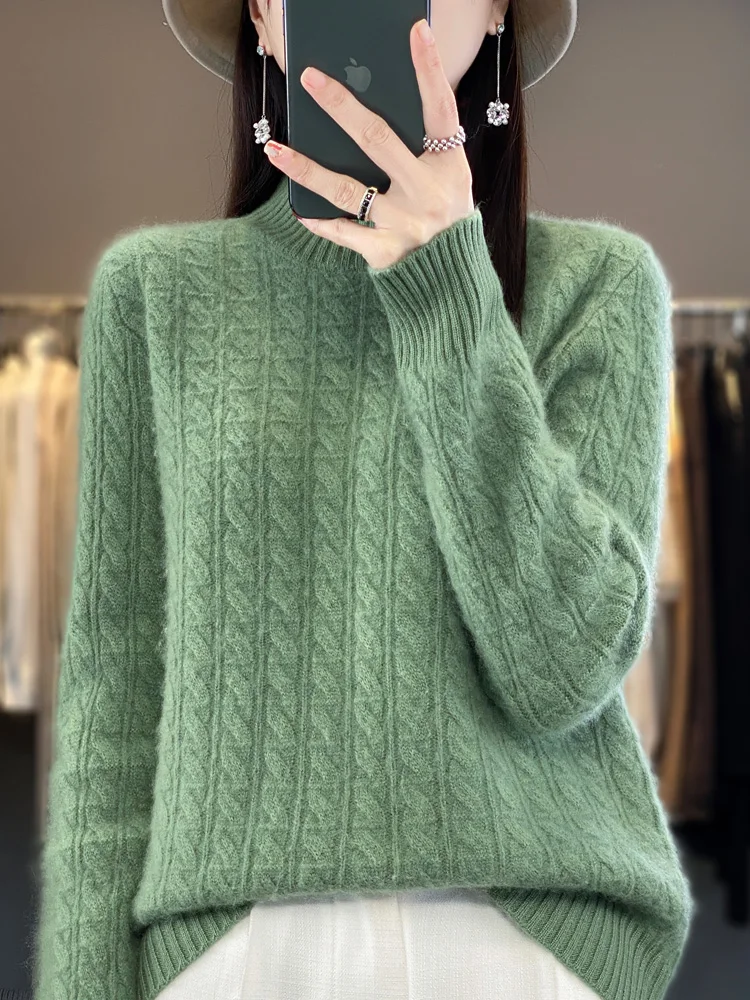 Autumn Winter Women Pullovers 100% Merino Wool Sweater Thick Warm Mock Neck Twist Casual Cashmere Knitwear Korean Fashion Tops