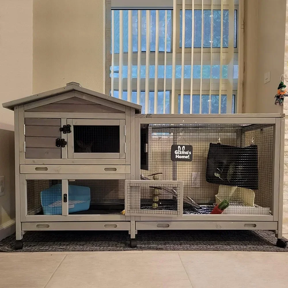 

For Bunny Cage Indoor and Outdoor Rabbit Hutch with Casters Waterproof Roof, Pull Out Tray from Back and Front