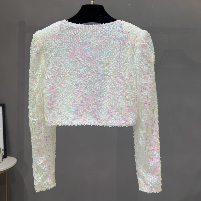 Damen-Pailletten-Cardigan, kurz, langärmelig, glitzerndes Oberteil, funkelndes Bühnenkostüm, Party- und Clubkleidung, Tanzkostüm, Oberbekleidung, T-Shirt. – Detail 8