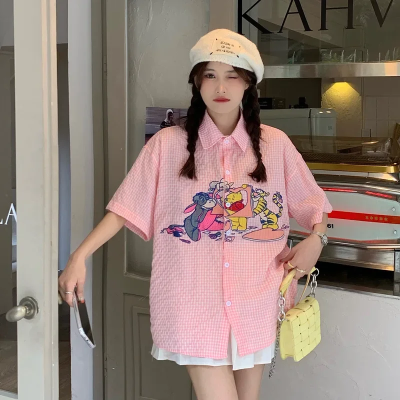 Kawaii Cartoon Embroidered Short-Sleeved Shirt for Women Summer New Loose Retro Plaid Thin Cardigan Fashion Women Tops