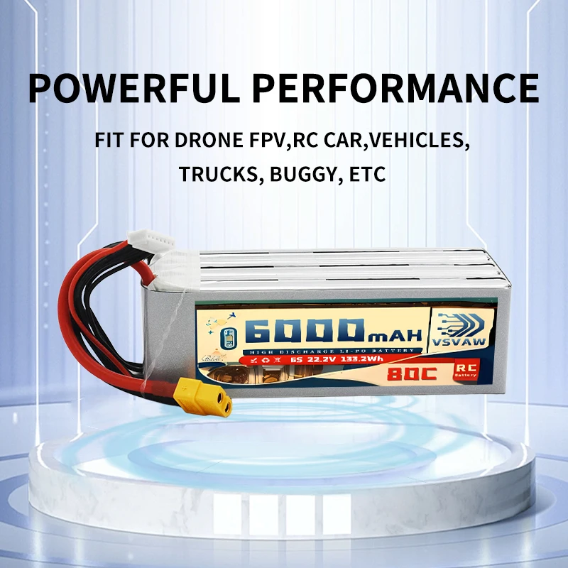 VSVAW 6S Lipo Battery 6000mAh 22.2V 80C with XT60 Plug Suitable for 1/8 Off-Road Racing Aircraft Helicopter FPV UAV UAS Battery