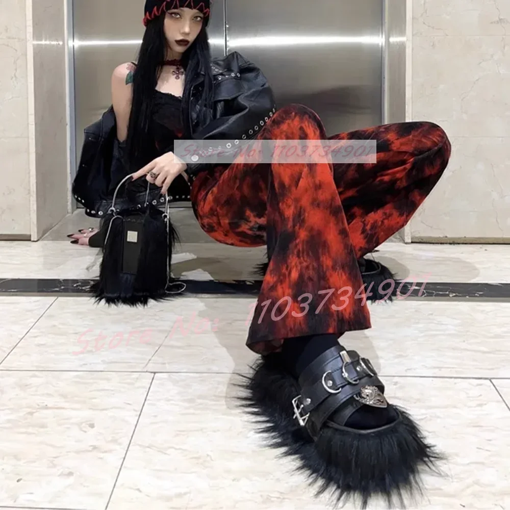 

Furry Thick Sole Metal Slippers Female Increase Belt Buckle Round Toe Shoes Women Summer Casual Fashion Sexy Back Leather Mules