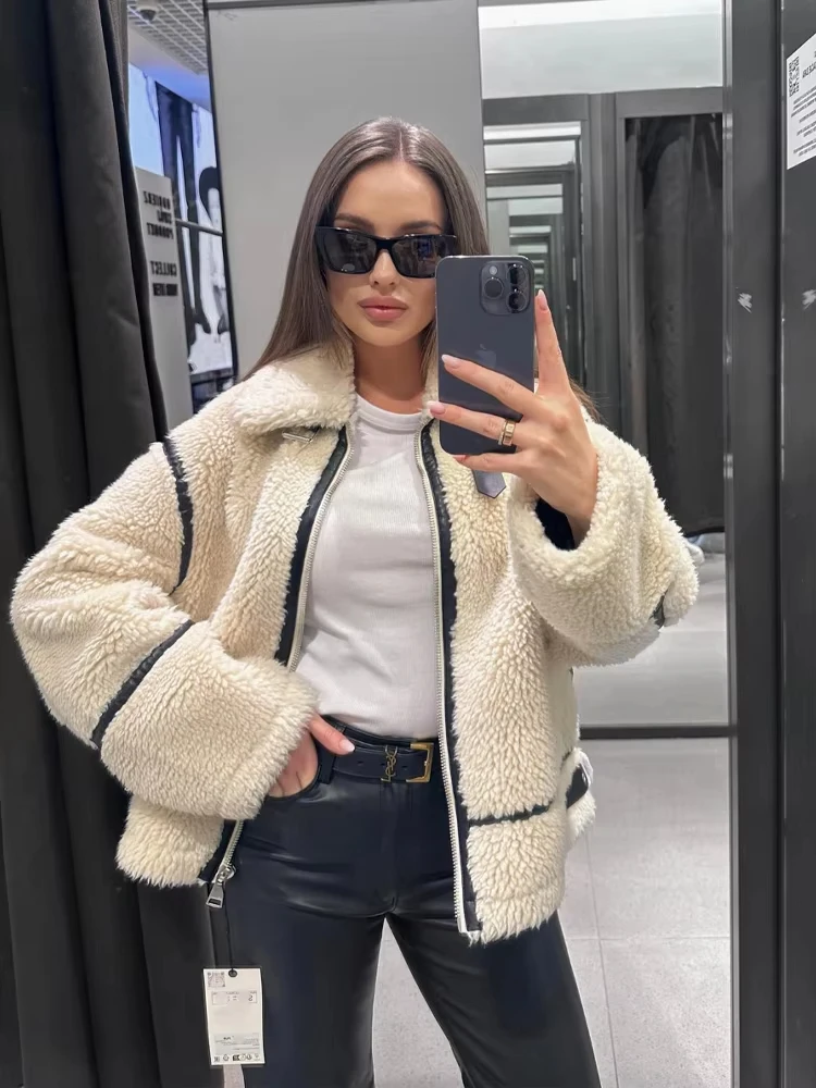 Siren Chic Autumn New Women's Wear European and American Style Casual Fur One Piece Lamb Wool Contrast Color Plush Warm Jacket