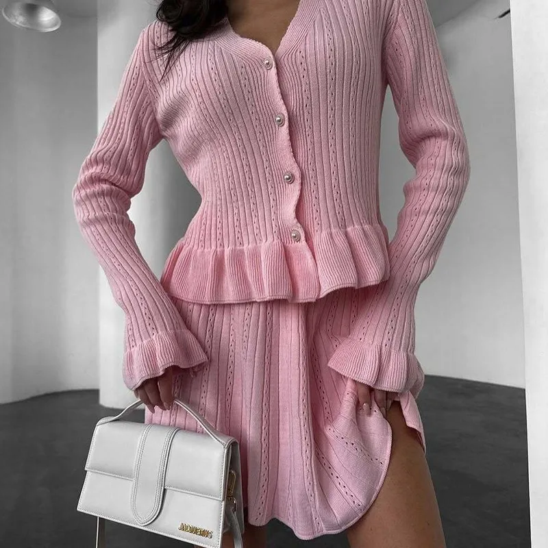 V Neck Knitting Skirt Set For Women Buttons Long Sleeves Top Ruffled Slim Skirt Set  Summer Lady Fashion Skirt Set