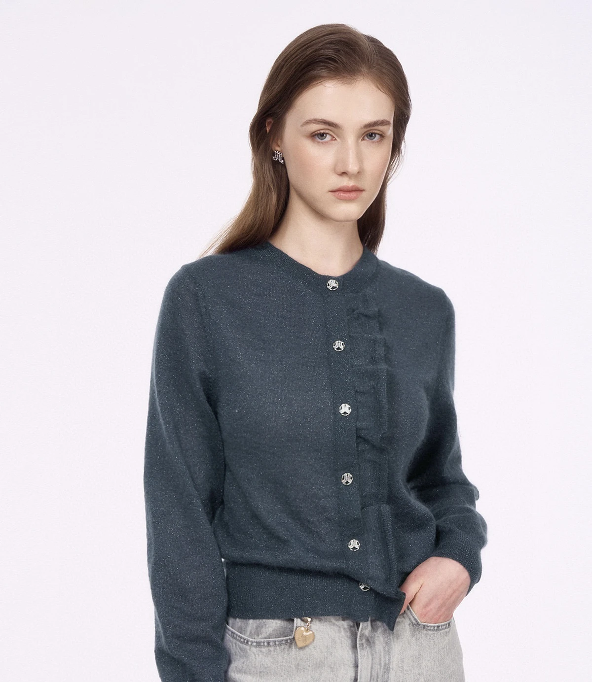 

Spring New round Ne Knitted Open Cardigan Korean Single Knitted Hemline Knitted Sweater Women's Straight Cut Long Sve