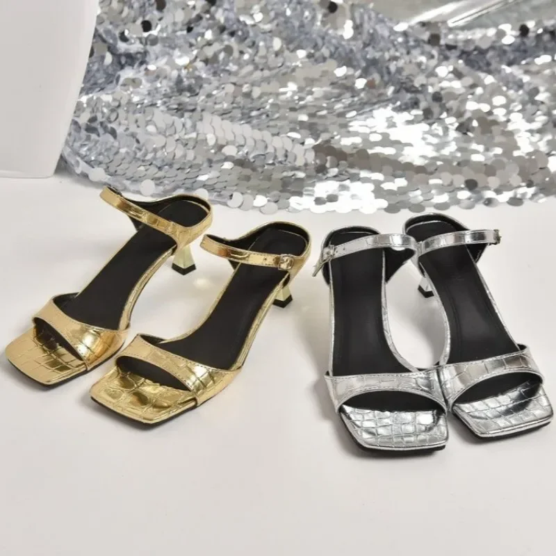 Elegant Gold Silver Mule Slippers Woman Luxury Square Toe High Heel Sandals Ladies Summer Slip-on Buckle Dress Shoes