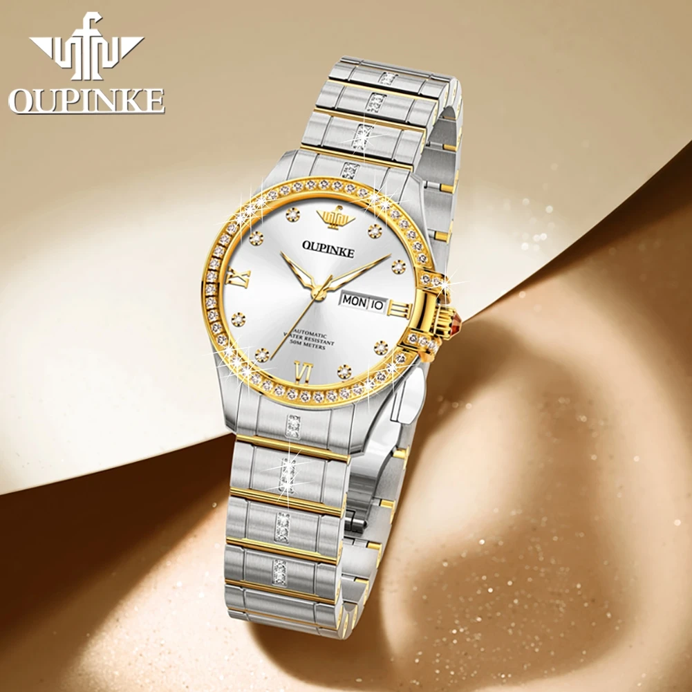 OUPINKE Diamond Automatic Watches for Women Sapphire Mirror Waterproof Calendar Original Impored Movement Mechanical Wristwatch