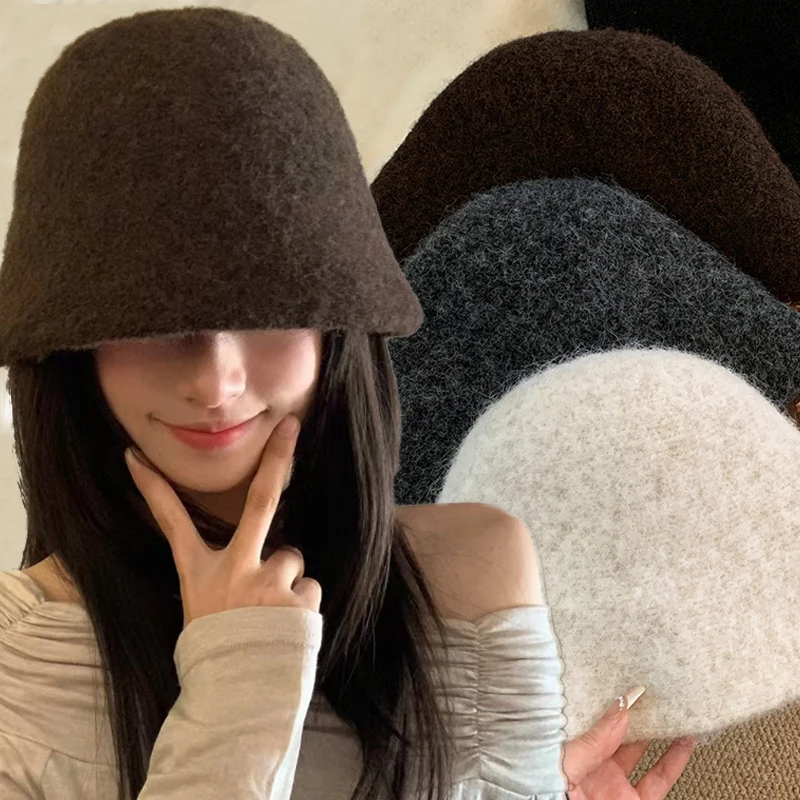 

Retro Dome Wool Felt Bucket Hat Women Autumn Winter Fashion Warm Fisherman Hat Japanese Versatile Panama Cap Foldable Bonnet Cap