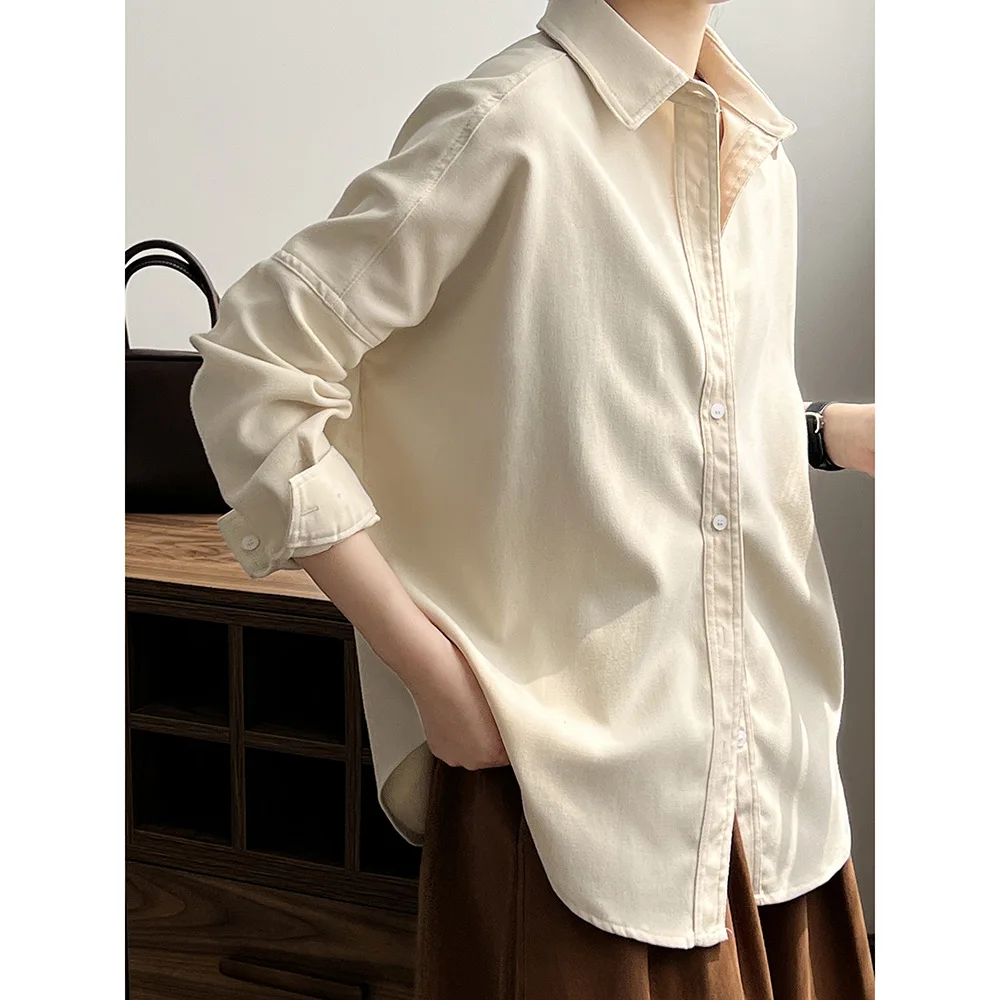 Shirt for Women's Polo Collar BF Style Retro Loose Casual Blouses Fitting Long Sleeved Lapel Collar Button Woman Clothing