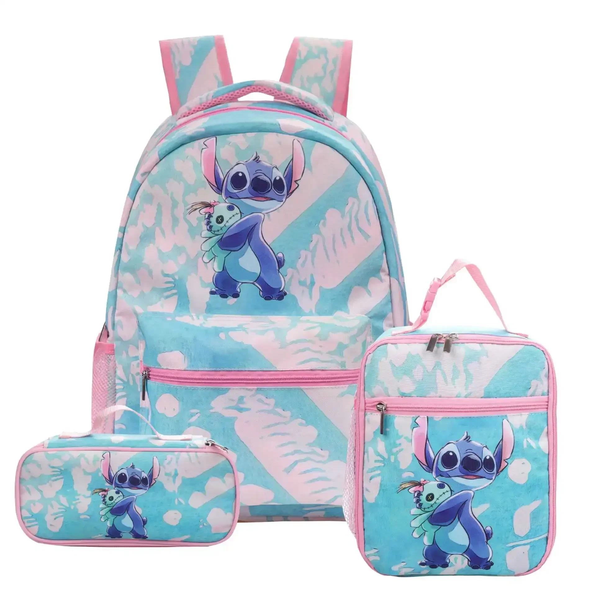 Disney-Stitch Primary and Secondary School Student Backpack for Children, Lightweight Initiated Bag Set, 3 Pcs Set, Nouveau