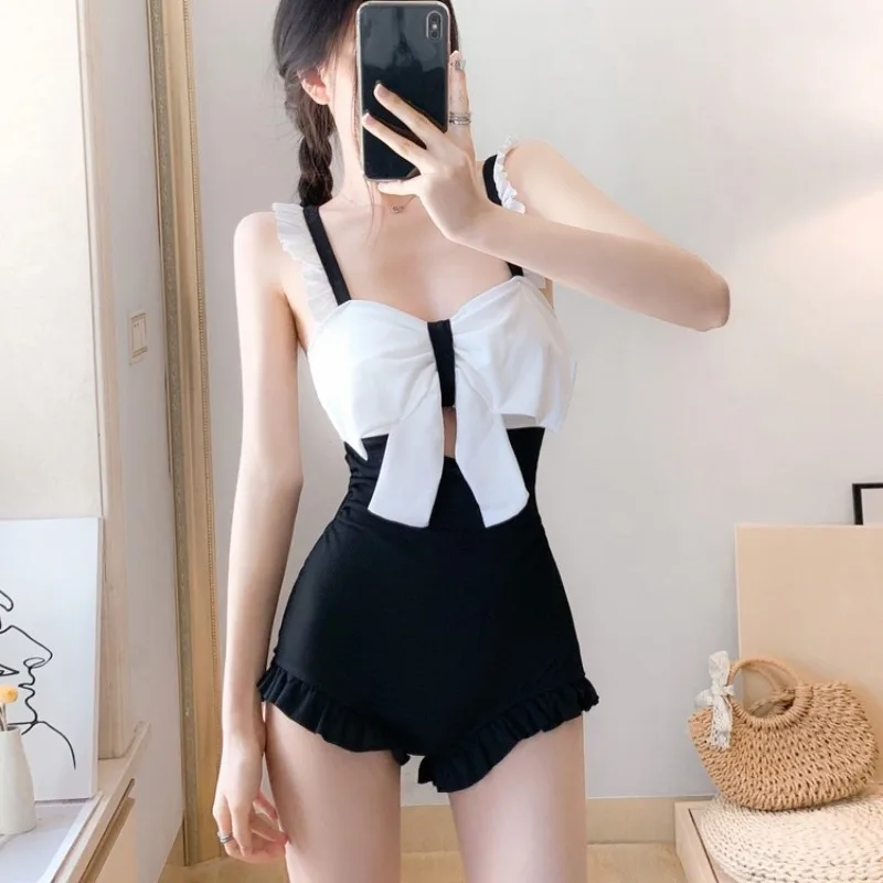 Cover-ups Women Design Ruffles Bow Backless Slimming One-piece Casual Sweet Girls Korean Style Prevalent Trendy Summer Lovely