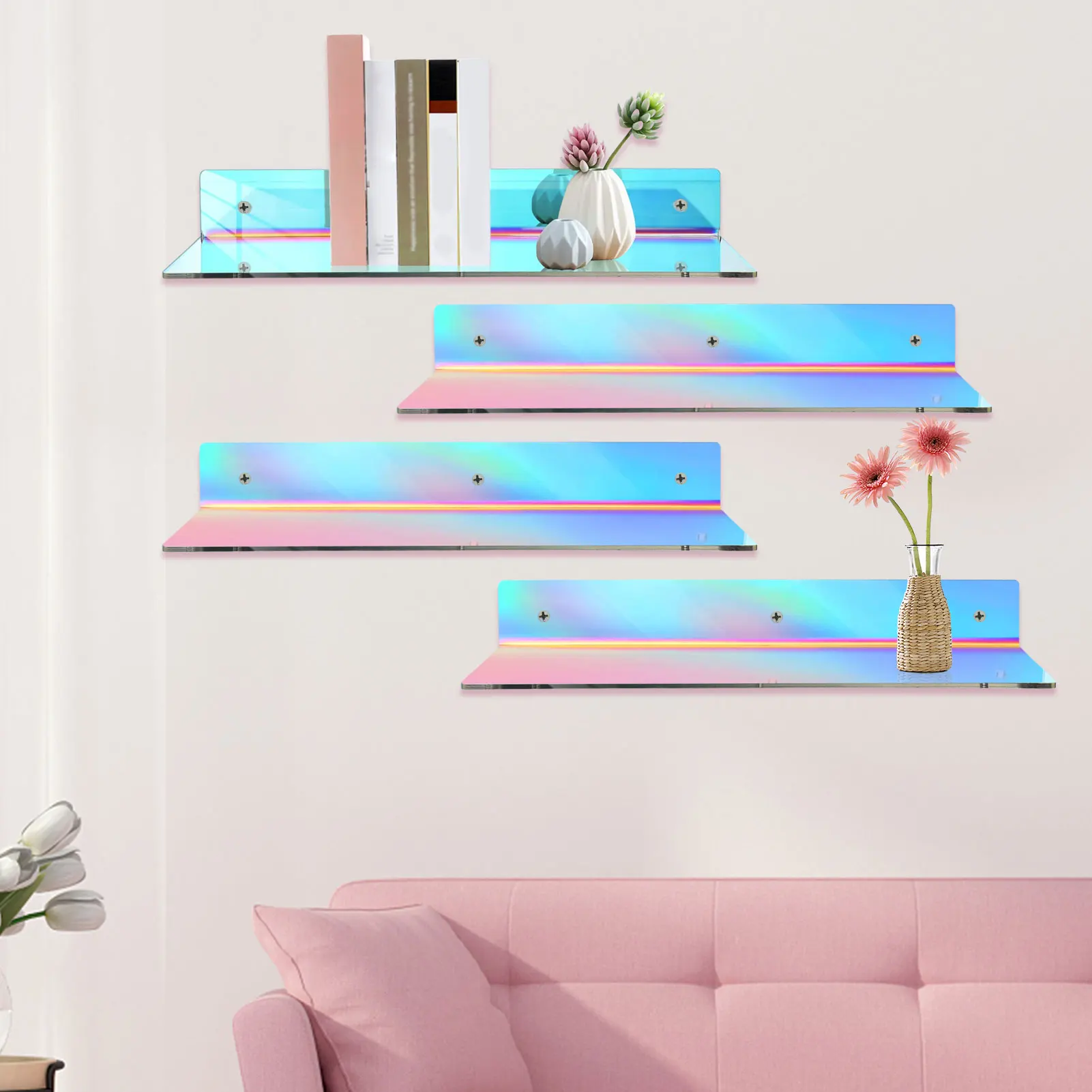 4Pcs/Set Colored Acrylic Wall Shelf Floating Shelves Iridescent Shelves Wall Bookshelf Kids Book Display Shelves Modular Shelf