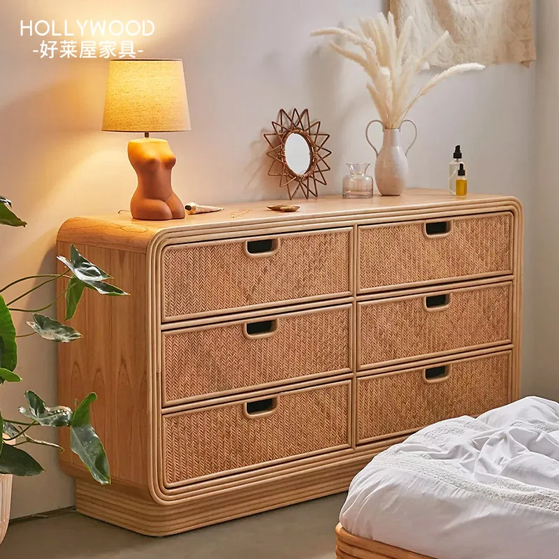 

Solid wood rattan chest cabinet simple homestay home dining side drawer storage cabinet living room entrance wall locker ins