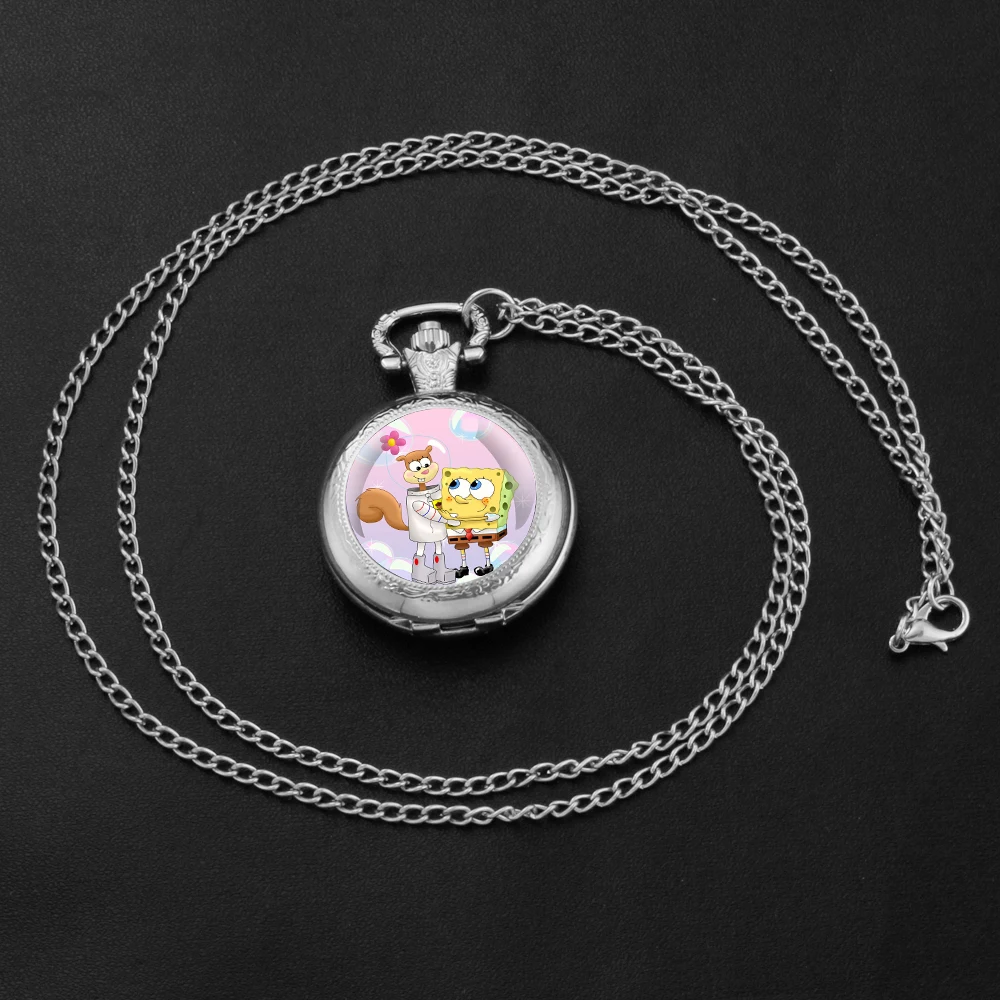 Cartoon Glaskuppel Taschenuhr mit Kette Halskette Vintage Quarz Anhänger Uhren Herren Damen Geschenk