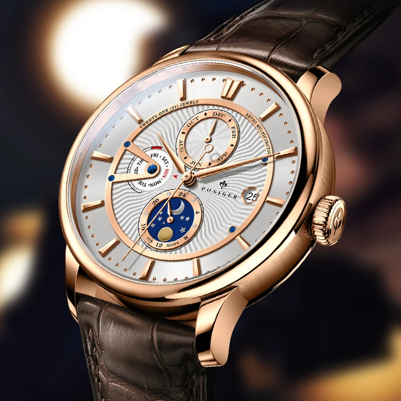 PONIGER Brand Design New Men's Watches Automatic Movement Tourbillon Watches Steel Waterproof Calendar Week Multifunction Watch