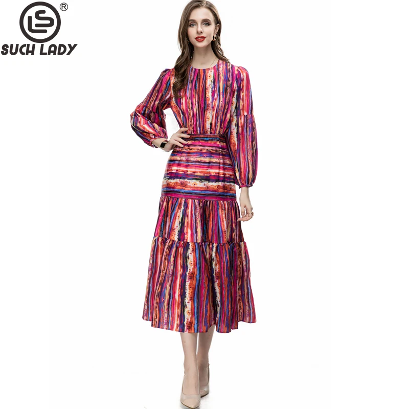 

Women's Runway Dresses O Neck Long Sleeves Printed Drop Waist Elegant Fashion Designer Vestidos