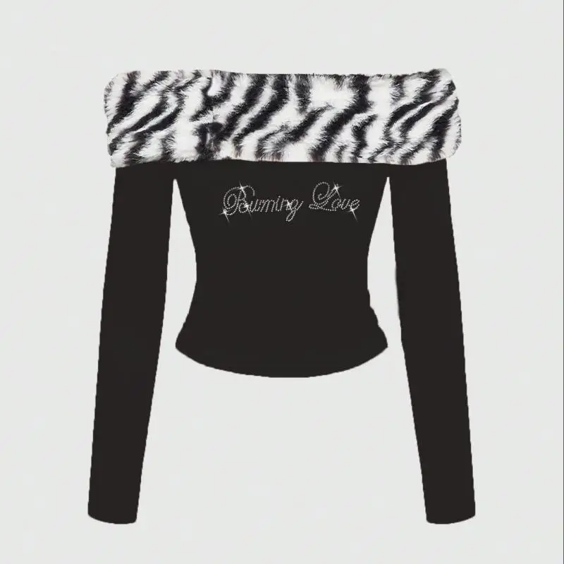 T-shirt da donna a maniche lunghe slim con spalle scoperte e collo in pelliccia con stampa leopardata in stile ragazza piccante autunnale