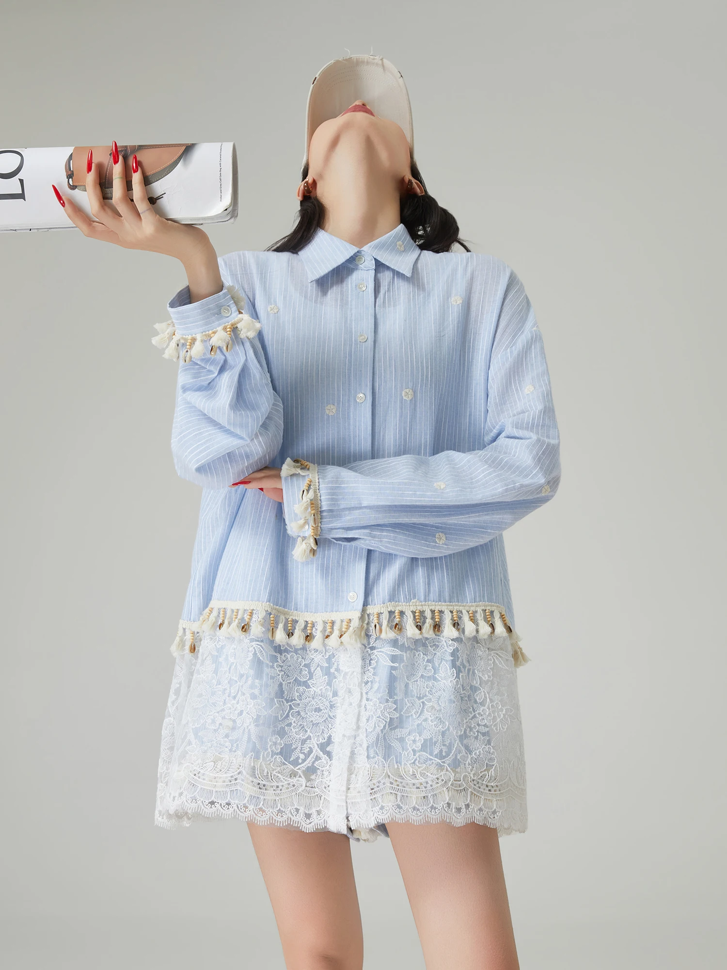 

Синий полосатый комплект с вышивкой и бахромой по краю, женский свободный универсальный праздничный комплект из двух предметов: рубашка и шорты, модный