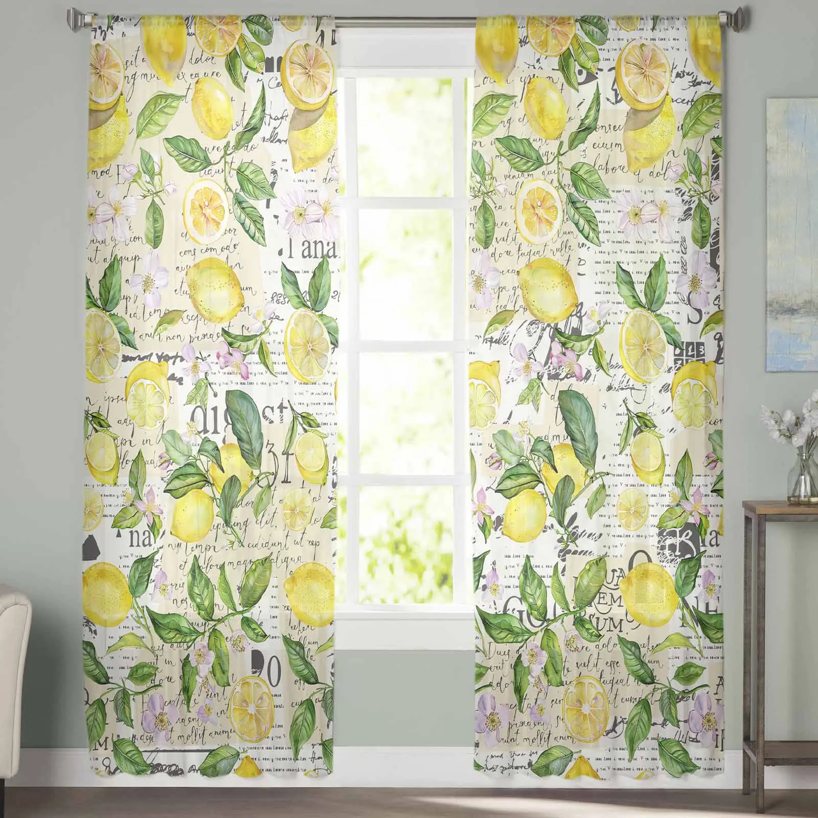 Summer Watercolor Lemon Triangle Tulle Sheer Window Curtains For Living Room Kitchen Children Bedroom Voile Hanging Curtain