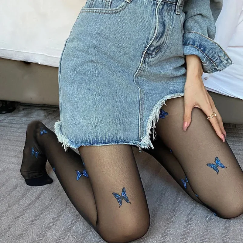 Blue Butterfly Stocking Tights Women Leggings Lolita Hollowed Out Mesh Stockings Bottomed Lace Pantyhose Floral Long Silk Socks