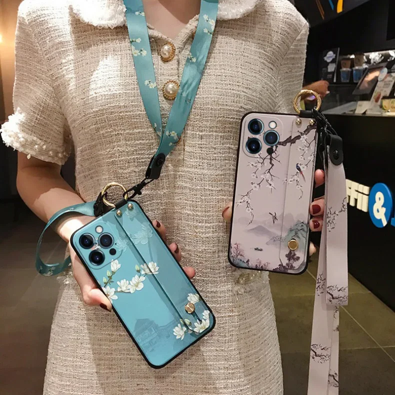 Coque de téléphone avec lanière à fleurs, étui arrière pour iPhone 16 17 15 14 13 12 11 Pro Max 16E Xs Max XR 7 8 Plus, dragonne, support de téléphone