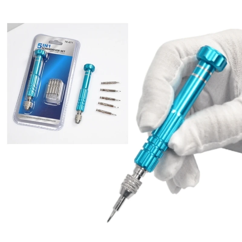 5 in 1 Mini Precision Screwdriver Set with Magnetizer TE-671 Aluminum Alloy Handle Interchangeable Bits for iPhone Camera Watch