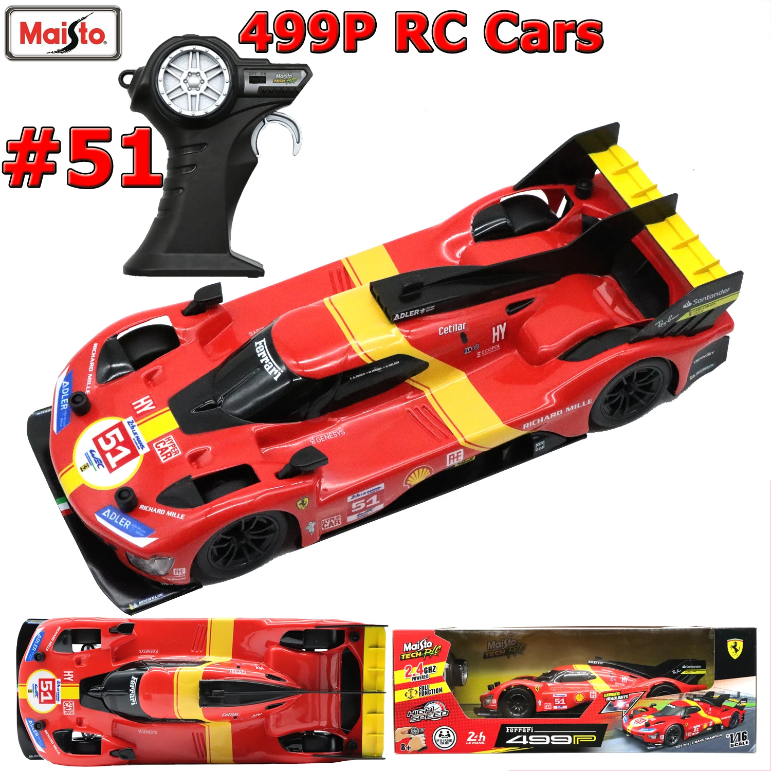 

Maisto 1/16 Ferrari 499P Hypercar RC Cars #51 2023 Le Mans Champion LED Lights USB Charging Rubber Tires Toy For Adults