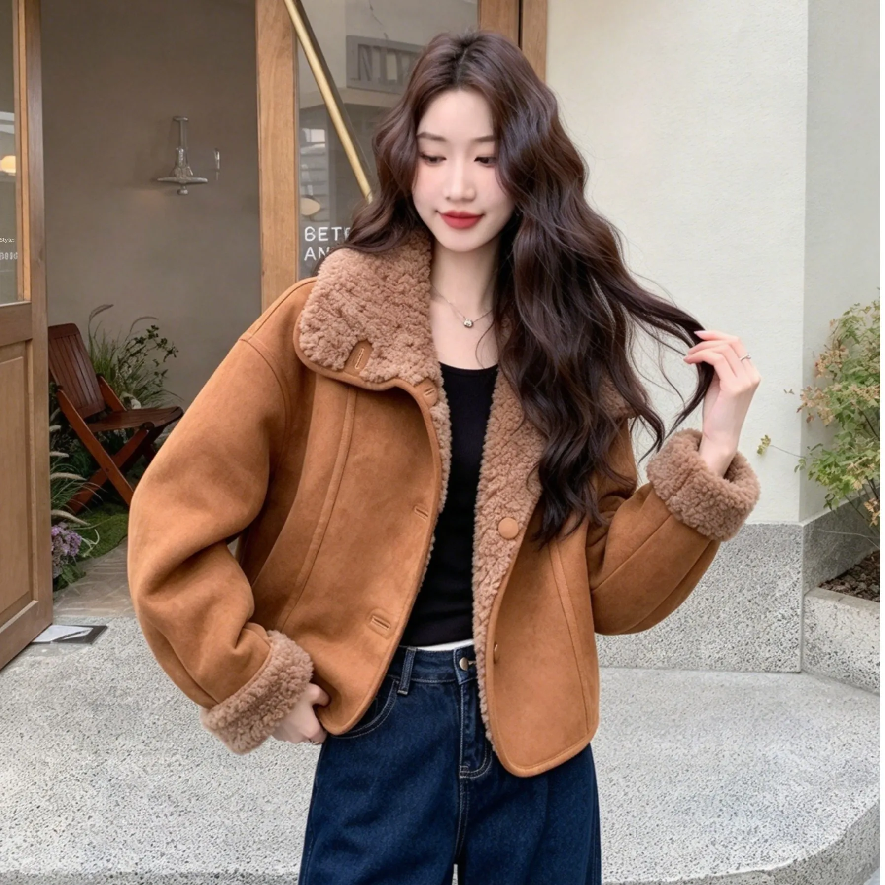 Korean Style Double-Sided Suede Jacket Women's Short Loose Collar Thick Warm Autumn Winter Outerwear Fauna And Flora Protection