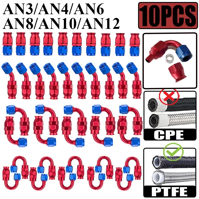 

10X 3AN 4AN 6AN 8AN 10AN 12AN Straight 0 45 90 180 Degree Swivel Hose End Fittings Adapter For PTFE E85 Oil Fuel Gas Line Pipe