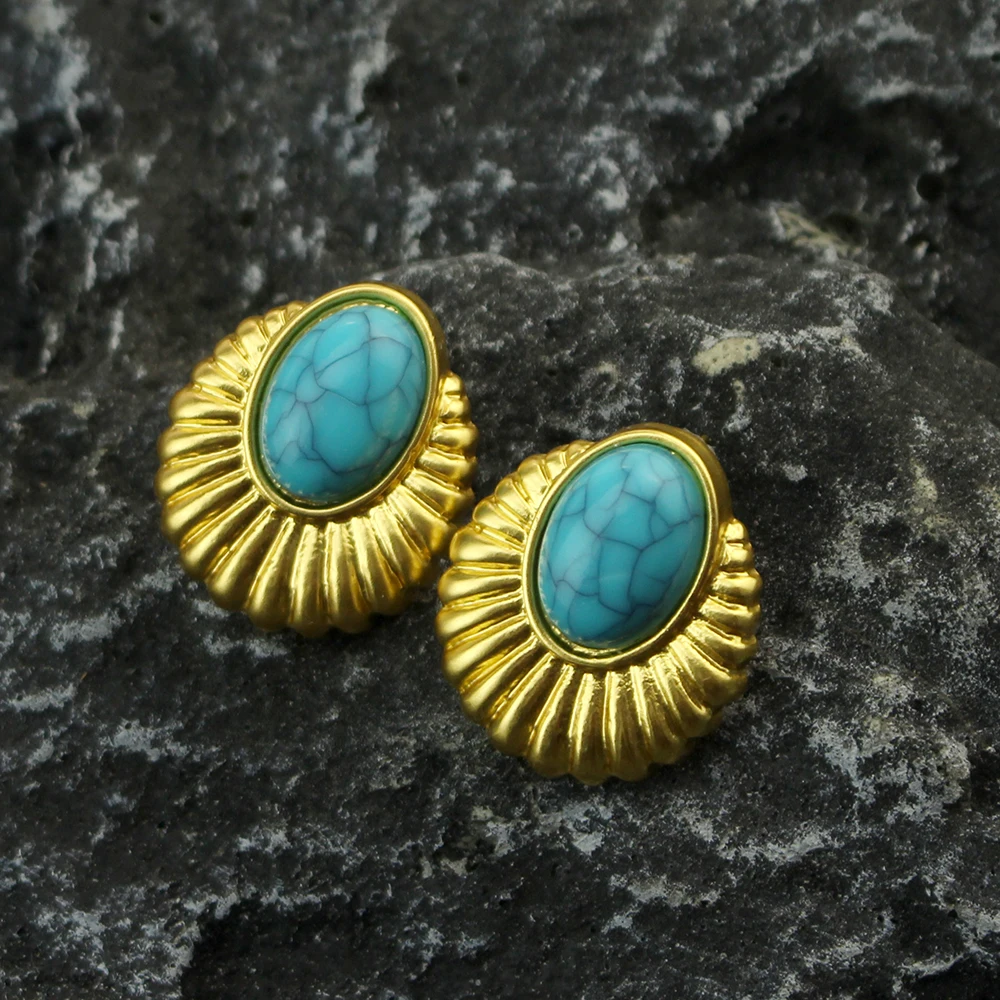 New Blue Oval Peacock Tail Retro Style Fashion Stud Earrings for Women Vintage Jewelry ﻿